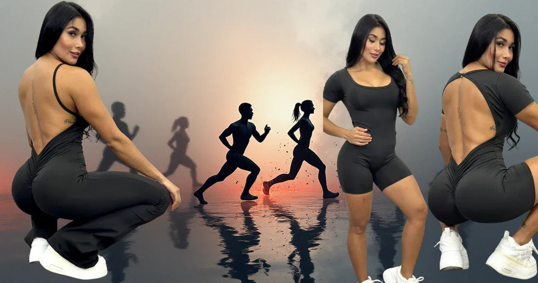 Mujer en enterizos deportivos negros con espalda descubierta y zapatillas blancas, fondo con siluetas corriendo