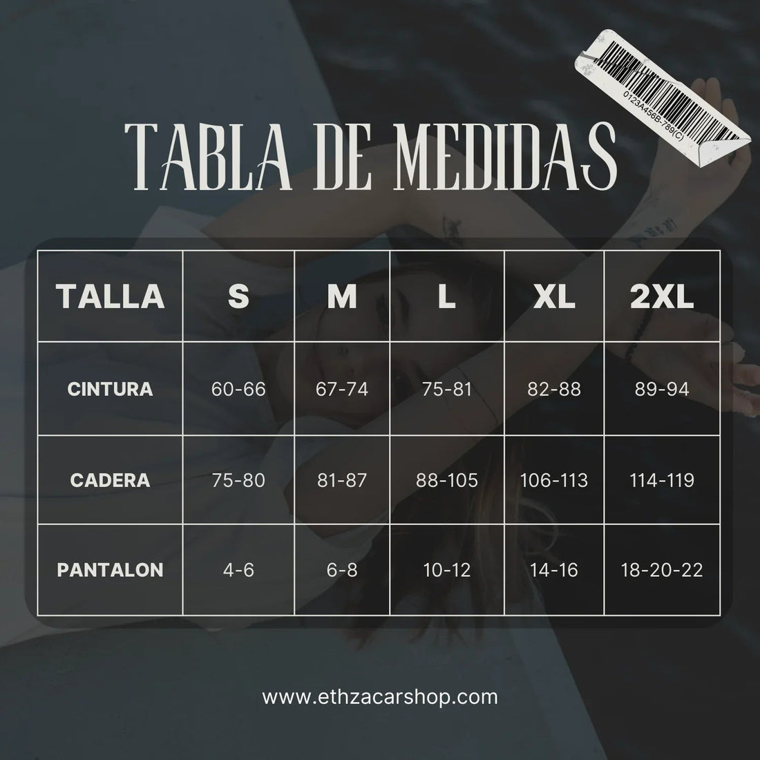 Tabla de medidas de ropa con tallas S a 2XL, incluye cintura, cadera y pantalón
