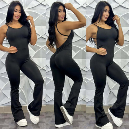 Enterizo colombiano bota campana con tiras color negro vista frontal